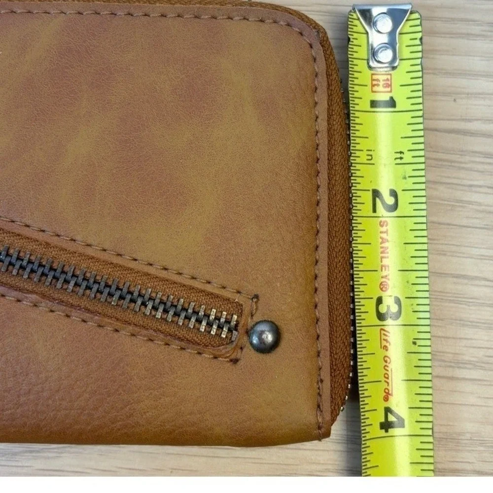 Free People Vegan Leather Wristlet Wallet Tan Brown Zip Around Studded Clutch‎